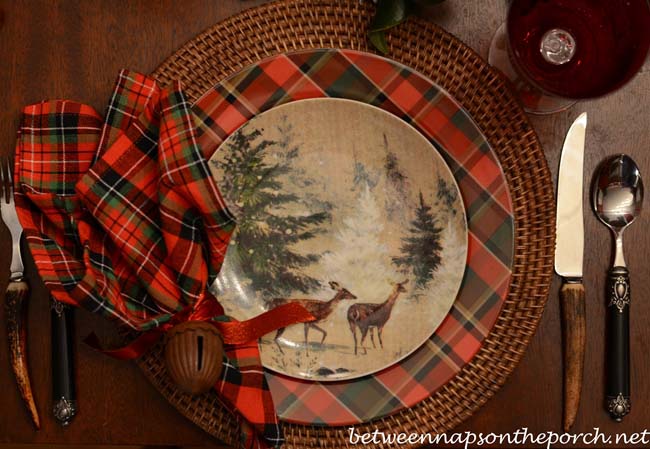 Christmas Tablescape with Plaid Dinner Plates and Deer Salad Plates Christmas Tablescape with Plaid Dinner Plates and Deer Salad Plates