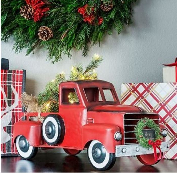Red Christmas Truck and Station Wagon with Lit Tree and Wreath for Sale