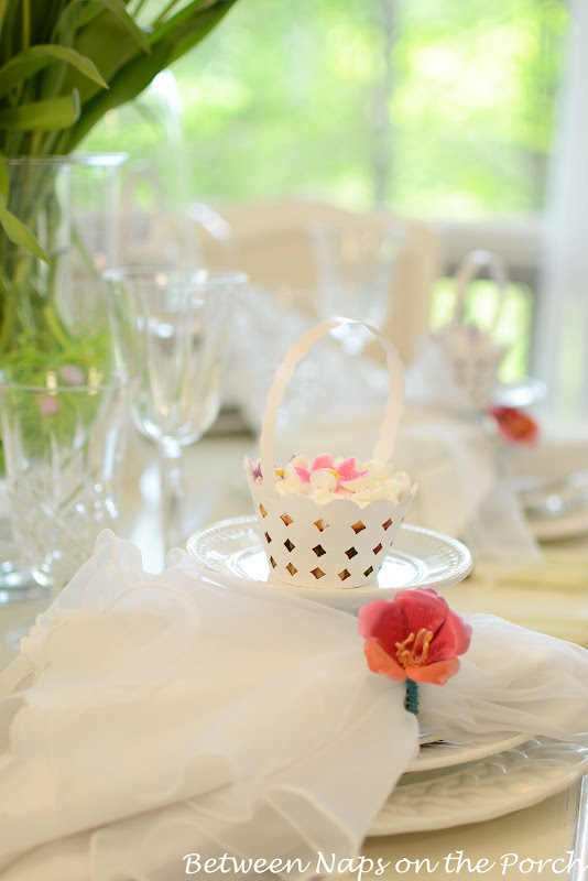 Easter Table Setting with Tulip Centerpiece and Pottery Barn Bunny Cup Cake Stands