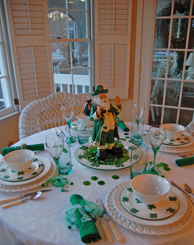 St. Patrick's Day Table Setting with Shamrock Plates and Leprechaun Centerpiece