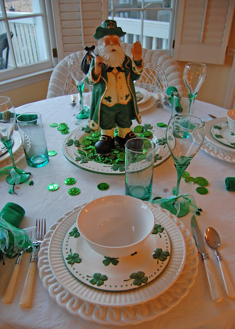 St. Patrick's Day Table Setting with Shamrock Plates and Leprechaun Centerpiece