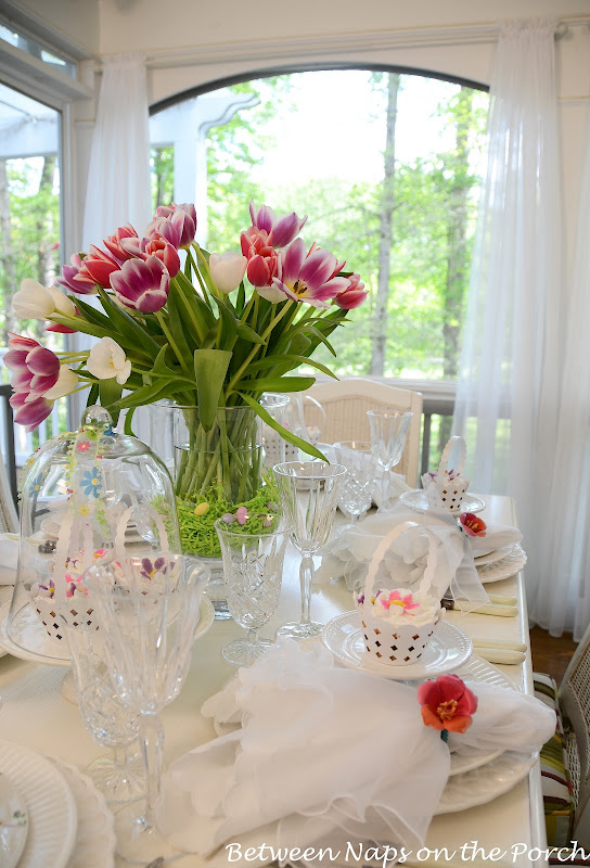 Easter Table Setting with Tulip Centerpiece and Pottery Barn Bunny Cupcake Stands