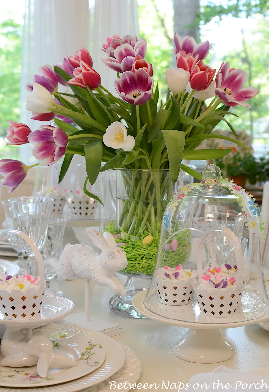 Easter Table Setting with Tulip Centerpiece and Pottery Barn Bunny Cupcake Stands