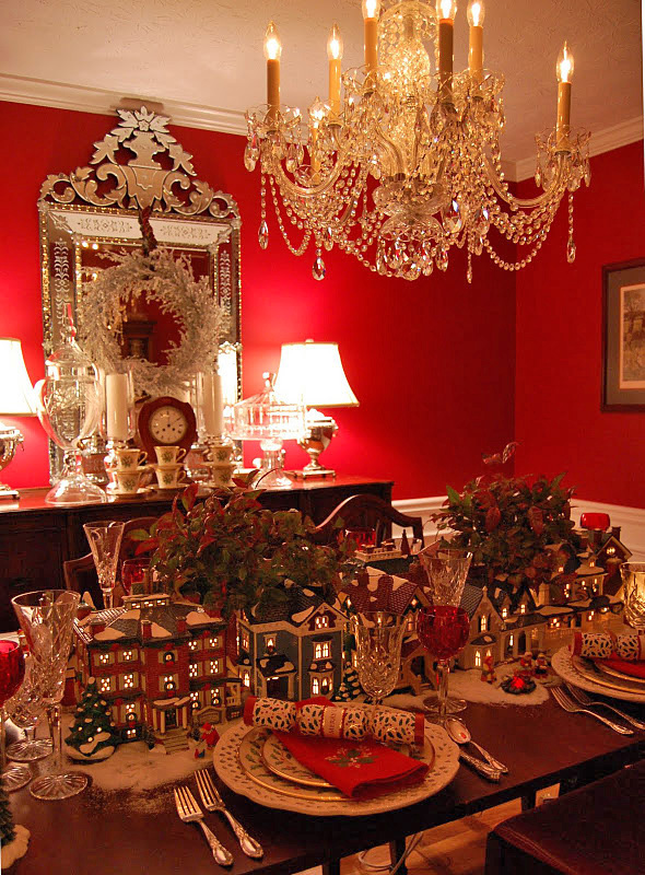 Table Setting for Christmas, with Dept. 56 lit houses