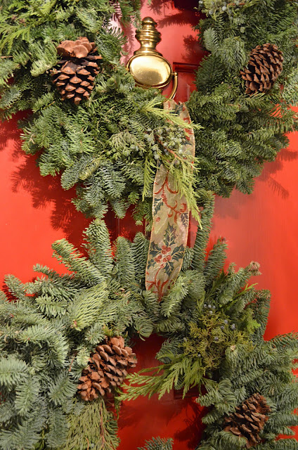 Front Porch Decorated for Christmas with Triple Wreaths on Door and Pottery Barn Knock-off Garland