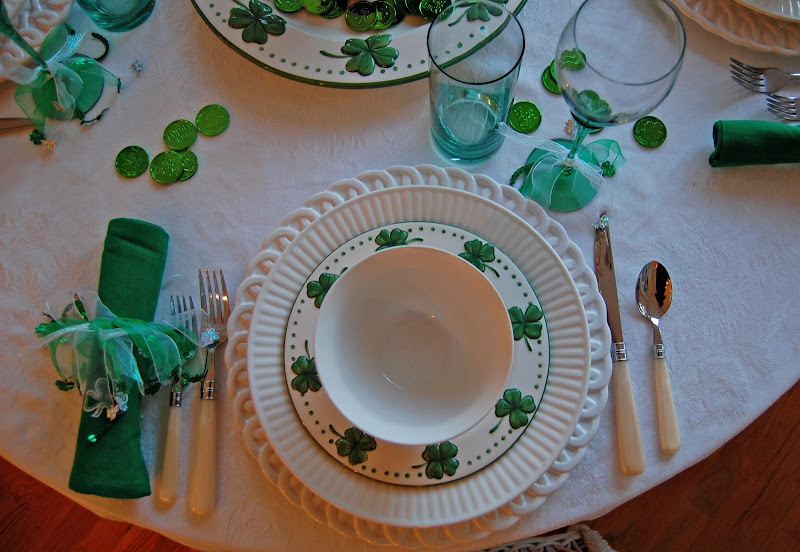 St. Patrick's Day Table Setting with Shamrock Plates and Leprechaun Centerpiece