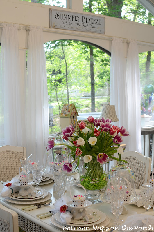 Easter Table Setting with Tulip Centerpiece and Pottery Barn Bunny Cupcake Stands