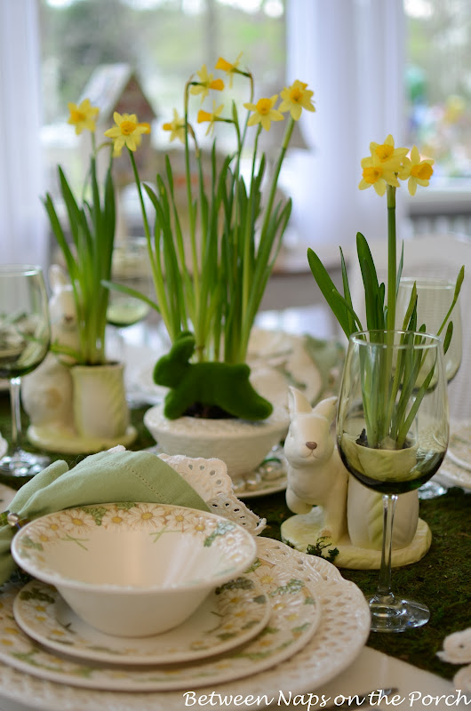 Spring Easter Table Setting with Vintage Sculptured Daisy Dinnerware