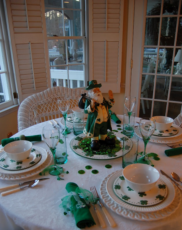 St. Patrick's Day Table Setting with Shamrock Plates and Leprechaun Centerpiece