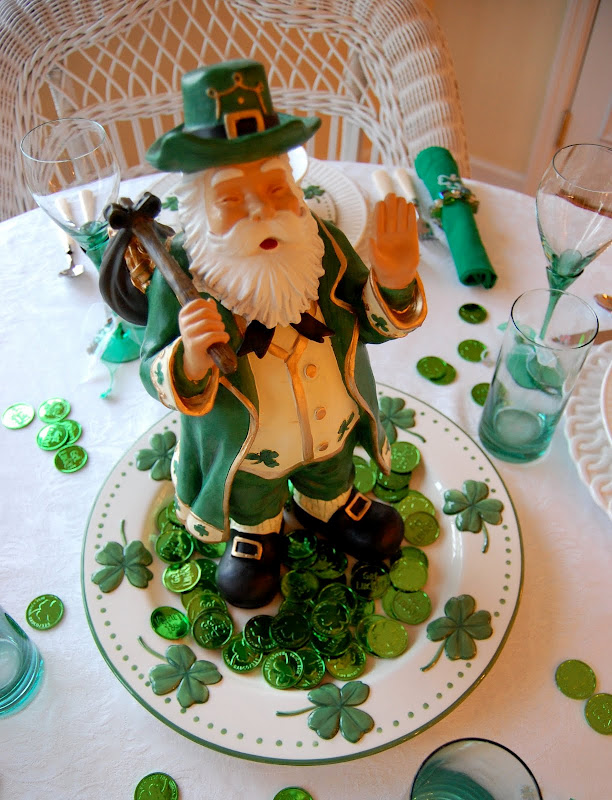 St. Patrick's Day Table Setting with Shamrock Plates and Leprechaun Centerpiece