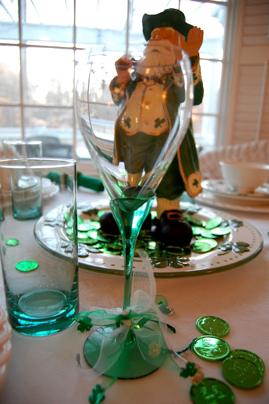 St. Patrick's Day Table Setting with Shamrock Plates and Leprechaun Centerpiece