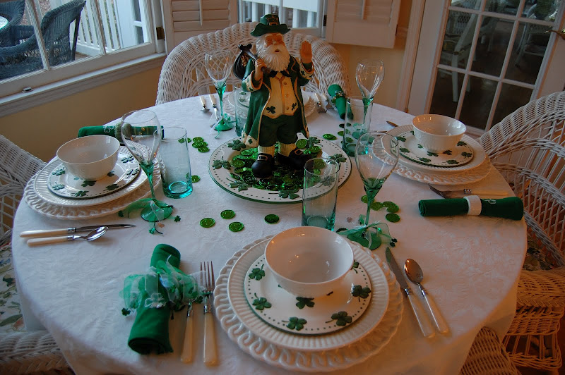 St. Patrick's Day Table Setting with Shamrock Plates and Leprechaun Centerpiece