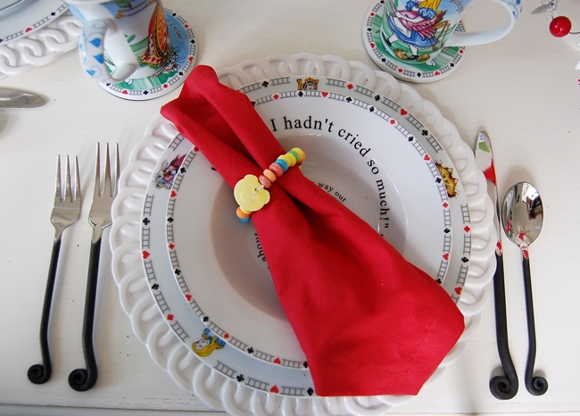 Alice in Wonderland Table Setting Tablescape with Red Napkins