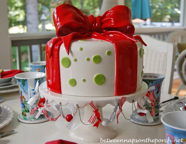 Dept. 56 Cake Stand and Cover in Present Design with Red Bow_wm