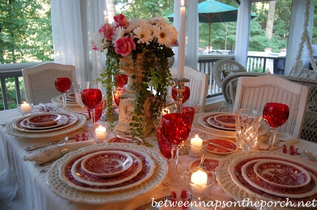 Summer Table Setting Tablescape with Floral Centerpiece of Roses and Daisies