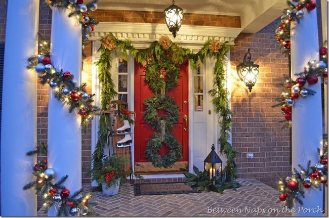 Porch Decorated for Christmas with Garland