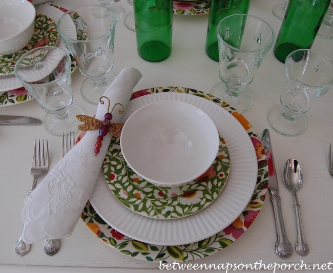 Spring Tablescape with Dragonfly Napkin Rings