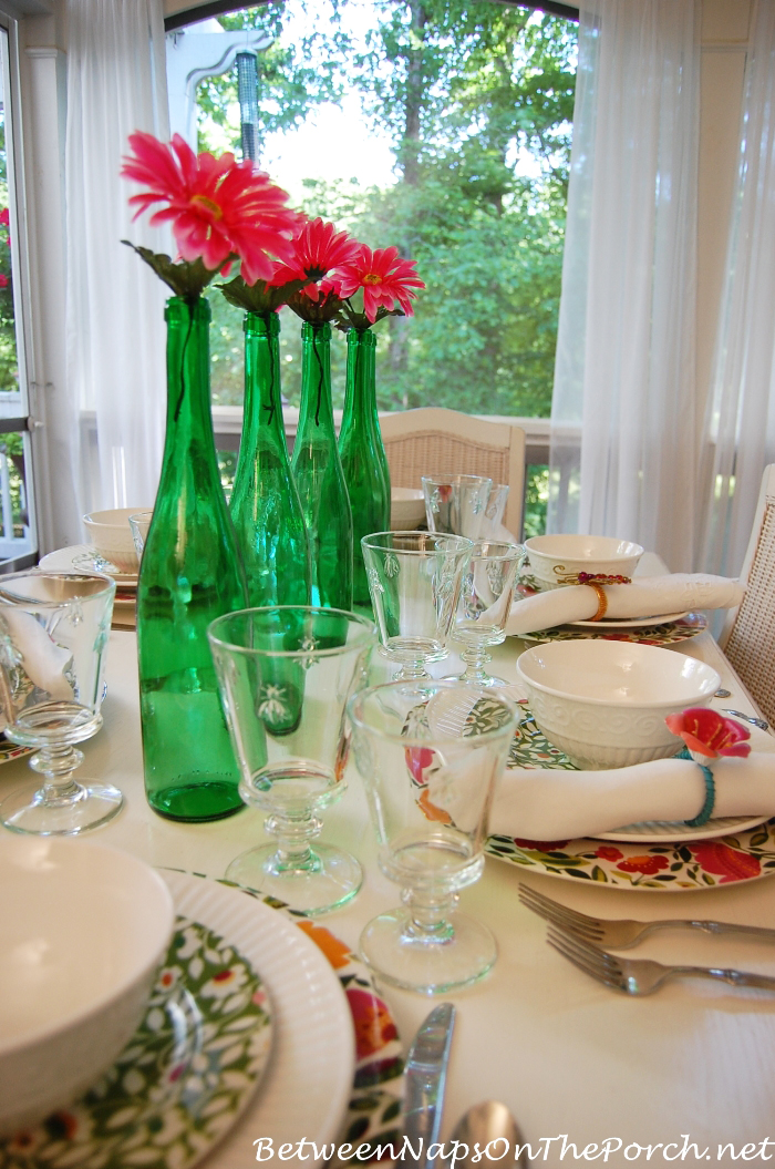 Spring Tablescape with Gerbera Bottle Centerpiece