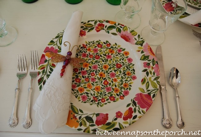 Spring Tablescape with Kim Parker Emma's Garden and Dragonfly Napkin Rings_wm