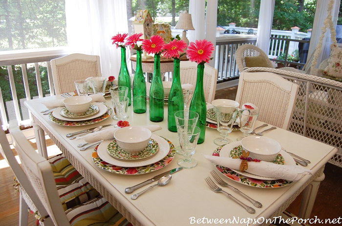 Summer Table Setting With Gerbera Bottle Centerpiece