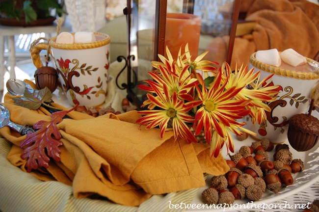 Fall Tablescape Table Setting with Mums and Acorns