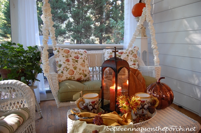 Fall Tablescape with Hot Chocolate on a Fall Porch 