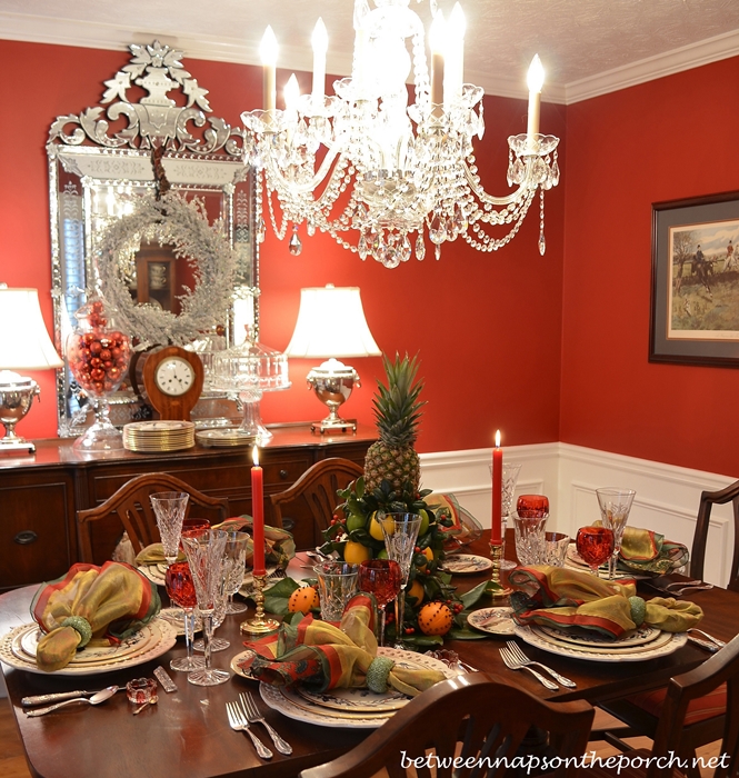 Christmas Table Setting with Lenox Winter Greetings and  a Coloniial Willamsburg Lemon, Lime Tree Centerpiece