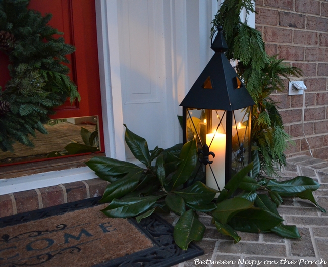 Lantern on Front Porch with Magnolia Leaves