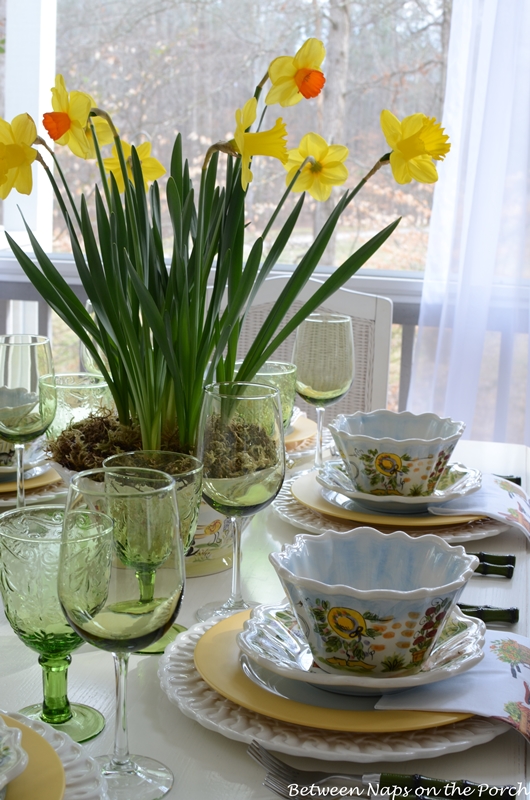 Springtime Table Setting with Daffodil Centerpiece