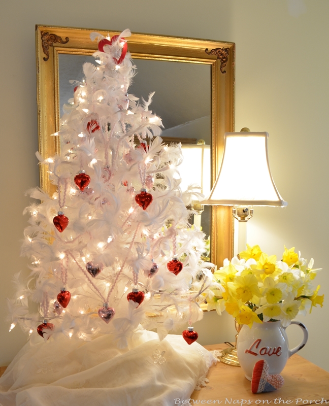 Valentine's Day Feather Tree Covered in Red and Pink Mercury Glass Hearts 1