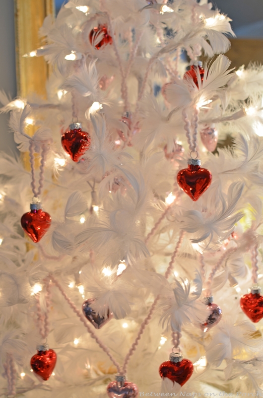 Valentine's Day Feather Tree Covered in Red and Pink Mercury Glass Hearts 2