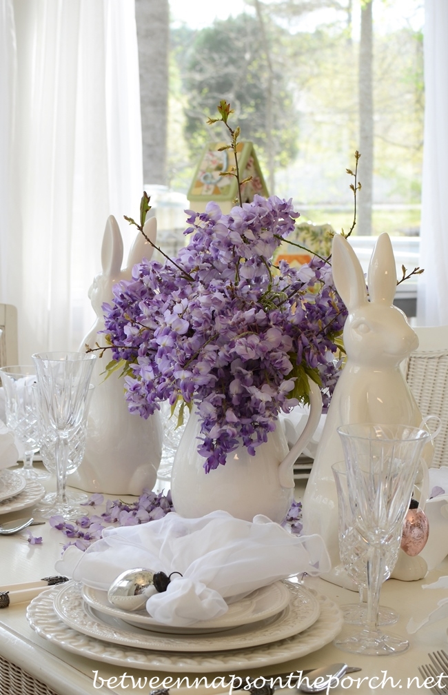 Easter Spring Table Setting Tablescape with White Bunny Rabbit and Wisteria Centerpiece