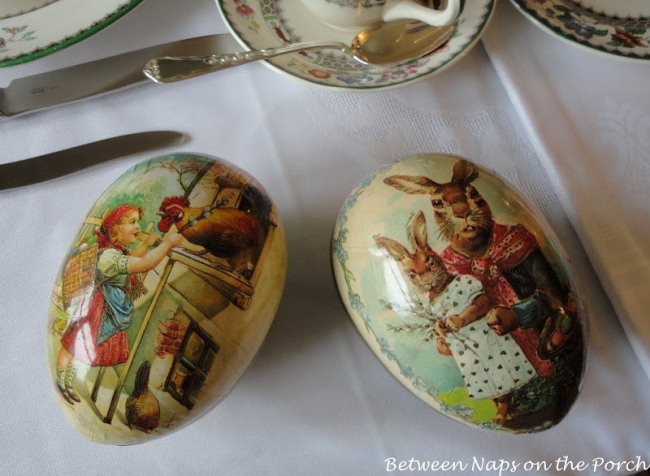 Easter Table Setting Tablescape with Paper Eggs from Germany and Spode Chinese Rose