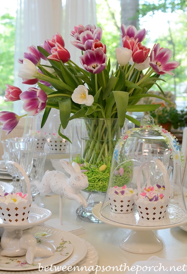 Easter Table Setting with Tulip Centerpiece and Bunny Cupcake Holders