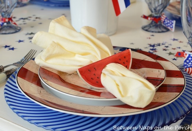 4th of July, Independence Day Tablescape Table Setting with Watermelon Napkin Rings