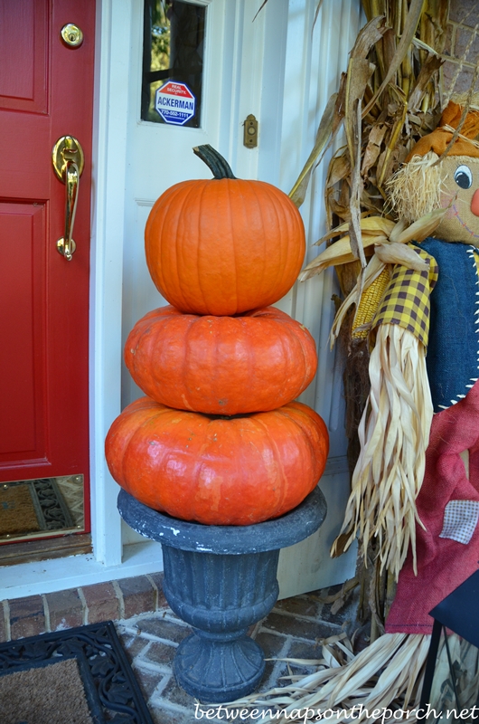Autumn Porch Decorated with Pumpkin Topiaries