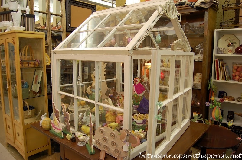 Greenhouse with Easter vignette inside