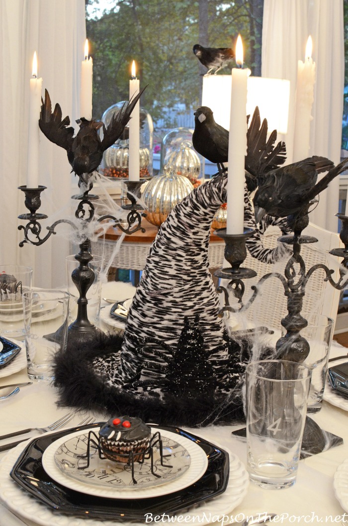 Halloween Tablescape with Spider Cupcakes, Clock Plates & a Witch's Hat Centerpiece