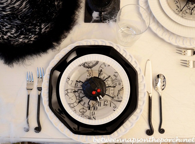 Halloween Tablescape with Spider Cupcakes, Clock Plates & a Witch's Hat Centerpiece 10