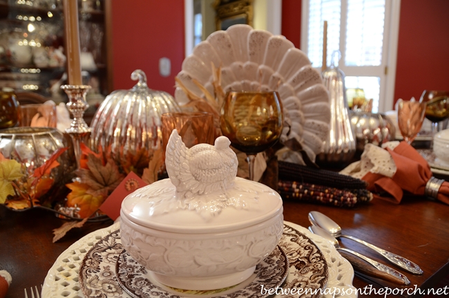 Thanksgiving Tablescape with Pottery Barn Rustic Turkey Centerpiece and Turkey Tureens