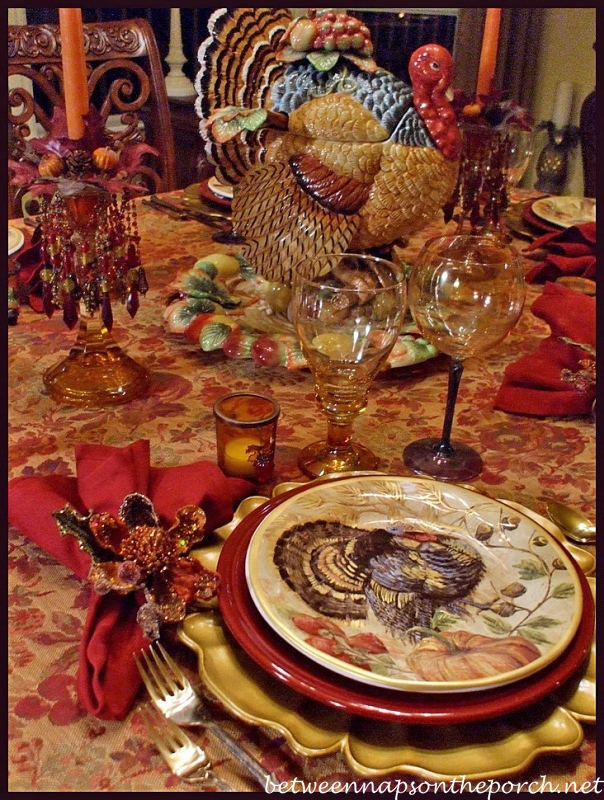 Thanksgiving Tablescape with Turkey Centerpiece and Pottery Barn Turkey Salad Plates