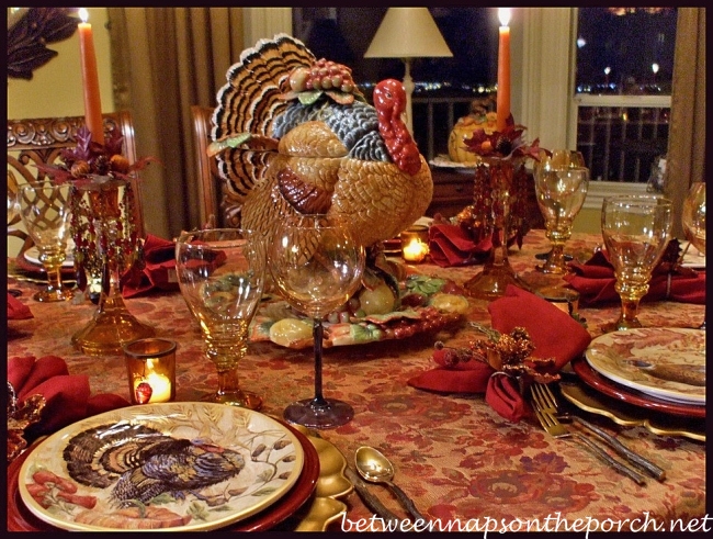 Thanksgiving Tablescape with Turkey Centerpiece and Pottery Barn Turkey Salad Plates 05_wm