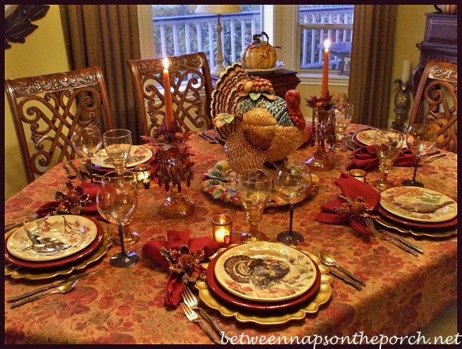 Thanksgiving Tablescape with Turkey Centerpiece and Pottery Barn Turkey Salad Plates 05_wm
