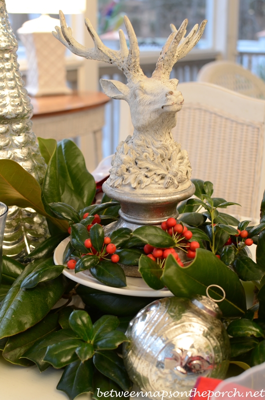 Christmas Tablescape with Mercury-Glass Christmas Trees and Deer Head Centerpiece