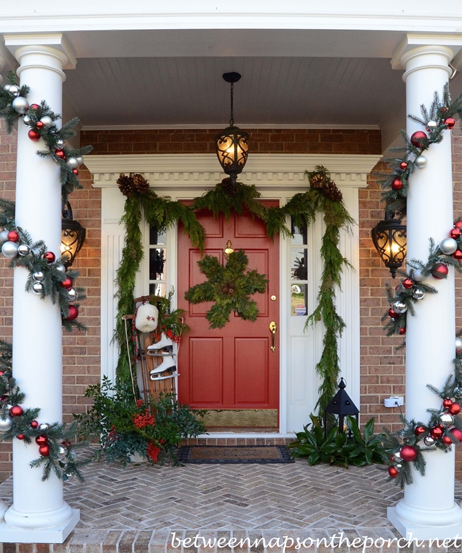 Decorating the Porch for Christmas with Natural Garland. Sled, Ice ...