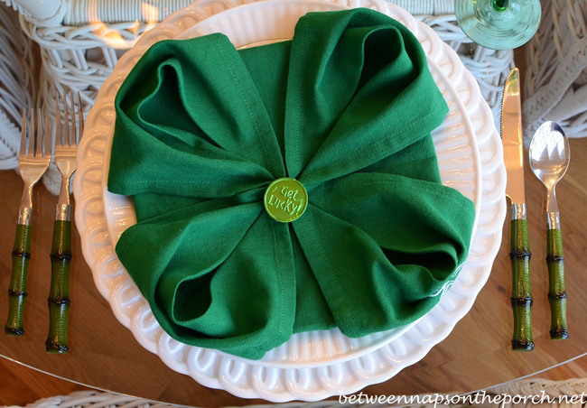 St. Patrick's Day Table Setting with 4-Leaf Clover Napkin Fold