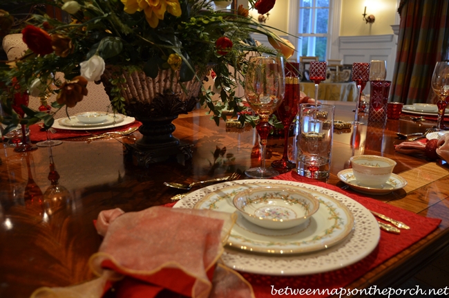 Valentine's Day Table Setting with Floral Centerpiece and Vintage China