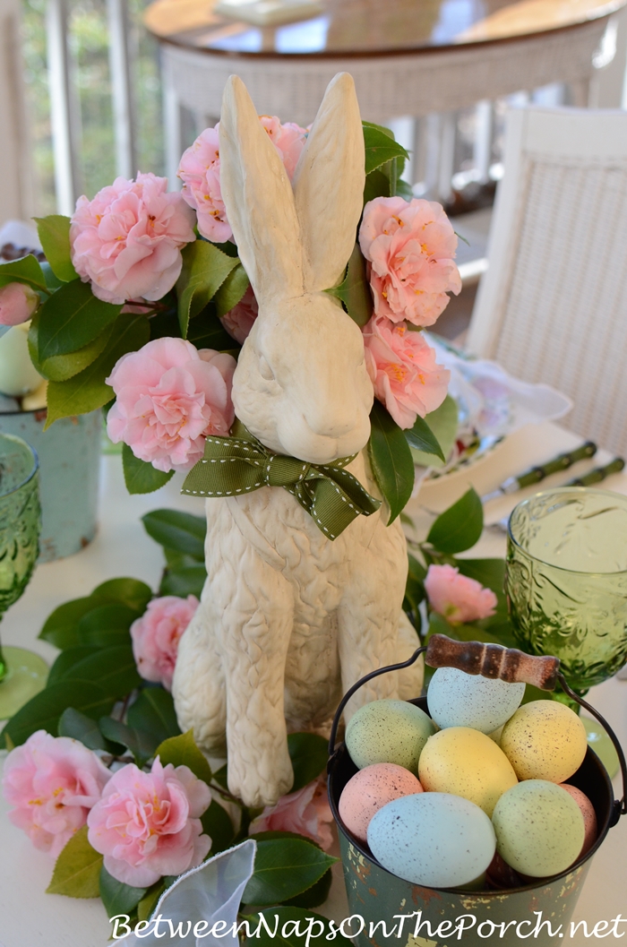 Easter Table Setting with Bunny Camellia Centerpiece