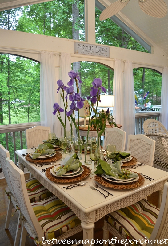 Spring Table Setting Tablescape with Iris Centerpiece, Twig Chargers and Twig Flatware