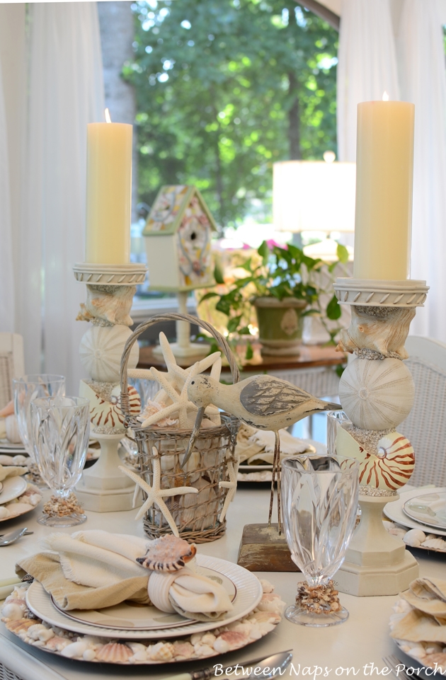 Beach Table Setting Nautical Tablescape with Shell Chargers and Shell Napkin Rings